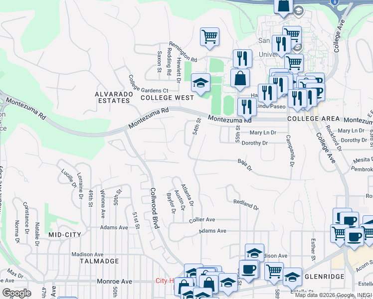 map of restaurants, bars, coffee shops, grocery stores, and more near 5002 Faber Way in San Diego