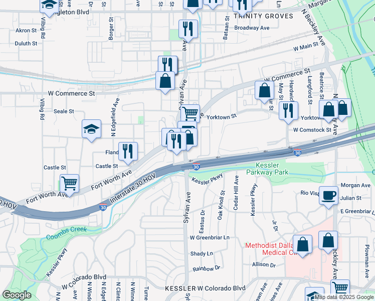 map of restaurants, bars, coffee shops, grocery stores, and more near 1808 Sylvan Avenue in Dallas