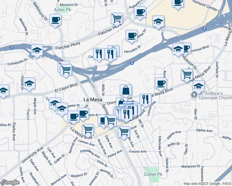 map of restaurants, bars, coffee shops, grocery stores, and more near 8264 Orchard Avenue in La Mesa