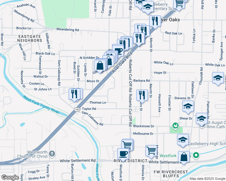 map of restaurants, bars, coffee shops, grocery stores, and more near 609 Schieme Street in River Oaks