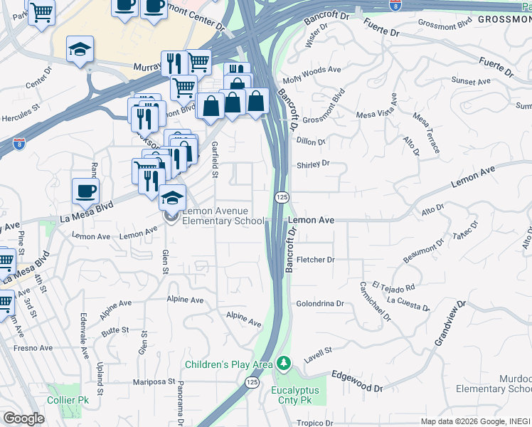 map of restaurants, bars, coffee shops, grocery stores, and more near 8671 Lemon Avenue in La Mesa