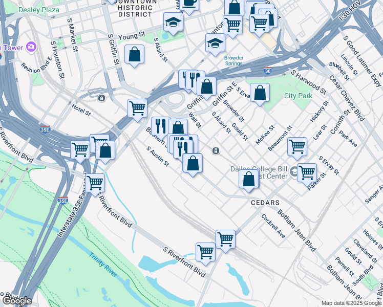 map of restaurants, bars, coffee shops, grocery stores, and more near 1001 Belleview Street in Dallas