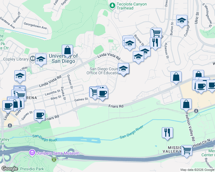 map of restaurants, bars, coffee shops, grocery stores, and more near 6274 Caminito Juanico in San Diego