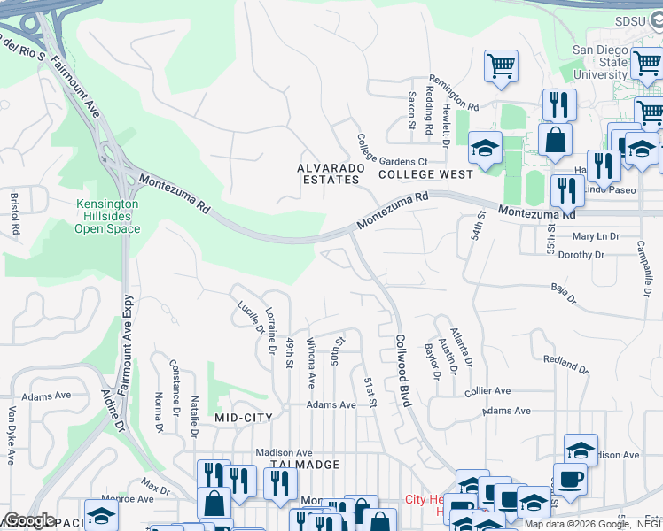 map of restaurants, bars, coffee shops, grocery stores, and more near 5006 Collwood Way in San Diego
