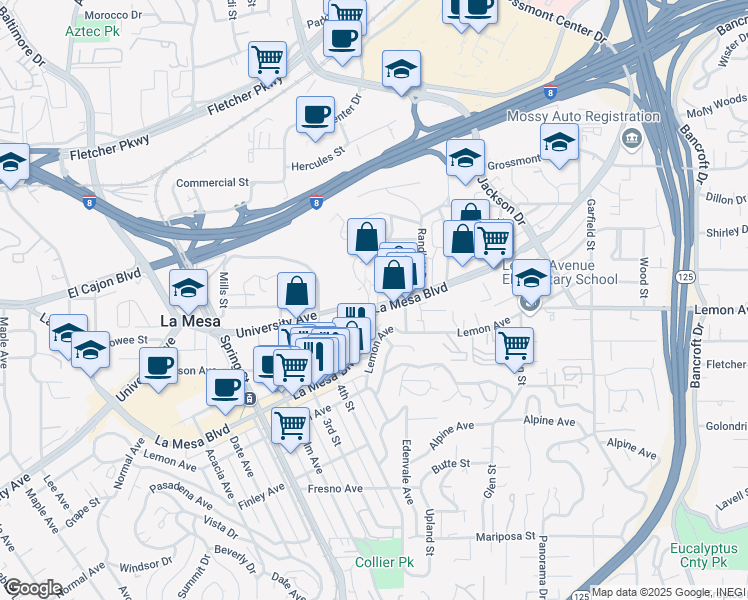 map of restaurants, bars, coffee shops, grocery stores, and more near 8461 Roach Drive in La Mesa