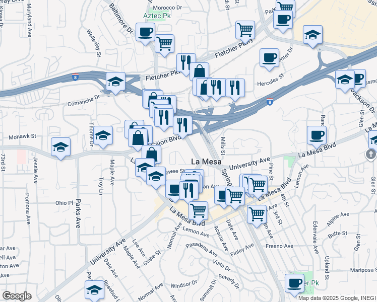 map of restaurants, bars, coffee shops, grocery stores, and more near 4949 Baltimore Drive in La Mesa
