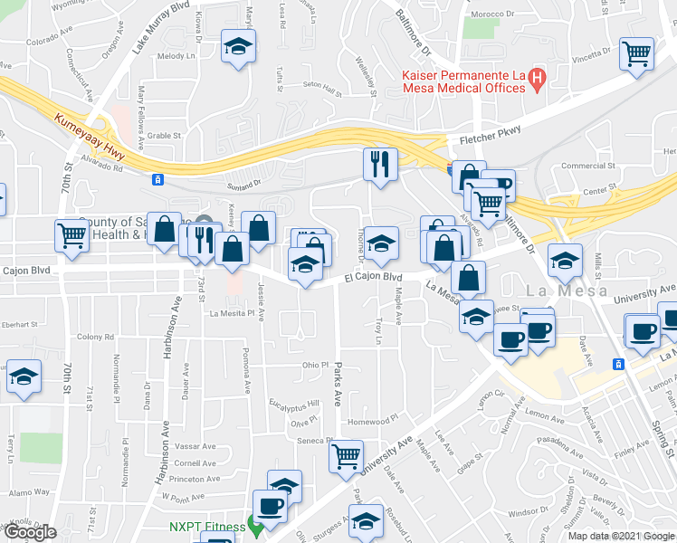 map of restaurants, bars, coffee shops, grocery stores, and more near 4945 Comanche Drive in La Mesa