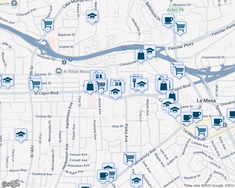 map of restaurants, bars, coffee shops, grocery stores, and more near 4945 Comanche Drive in La Mesa