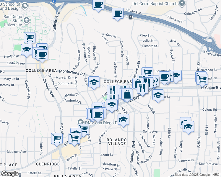 map of restaurants, bars, coffee shops, grocery stores, and more near 4930 Gary Street in San Diego