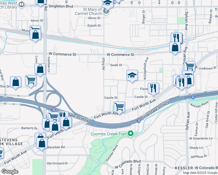 map of restaurants, bars, coffee shops, grocery stores, and more near 1818 Vilbig Road in Dallas