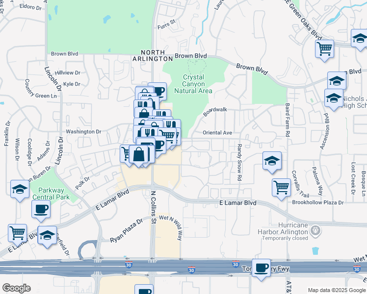 map of restaurants, bars, coffee shops, grocery stores, and more near 2131 North Collins Street in Arlington