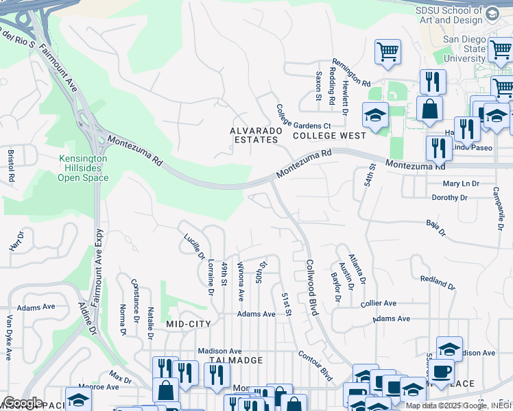 map of restaurants, bars, coffee shops, grocery stores, and more near 57 Collwood Way in San Diego