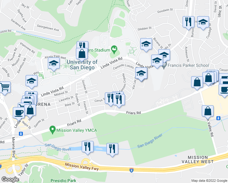 map of restaurants, bars, coffee shops, grocery stores, and more near 6277 Caminito Basilio in San Diego