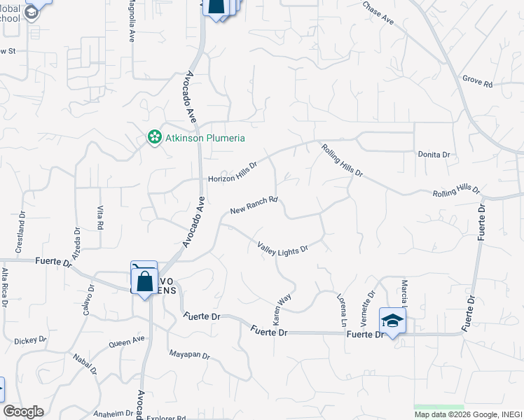 map of restaurants, bars, coffee shops, grocery stores, and more near 4970 New Ranch Road in El Cajon