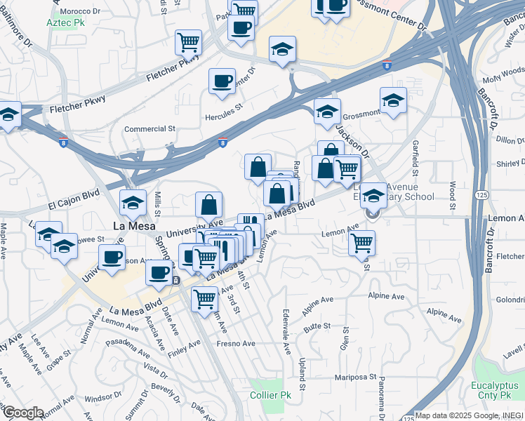 map of restaurants, bars, coffee shops, grocery stores, and more near 8450 University Avenue in La Mesa