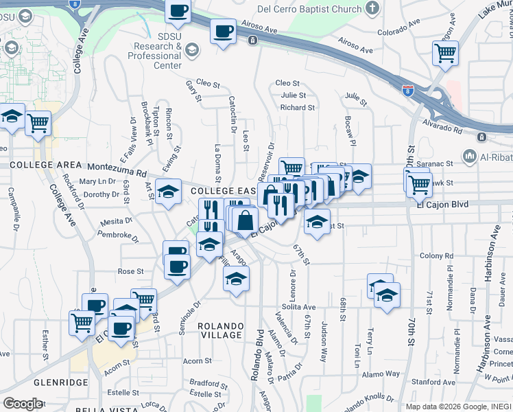 map of restaurants, bars, coffee shops, grocery stores, and more near 6621 Montezuma Road in San Diego