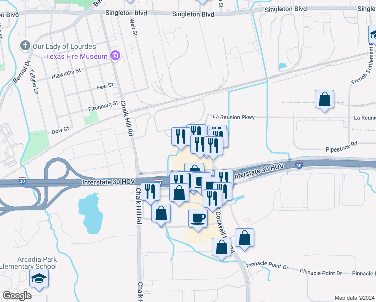 map of restaurants, bars, coffee shops, grocery stores, and more near 4351 Dfw Turnpike in Dallas