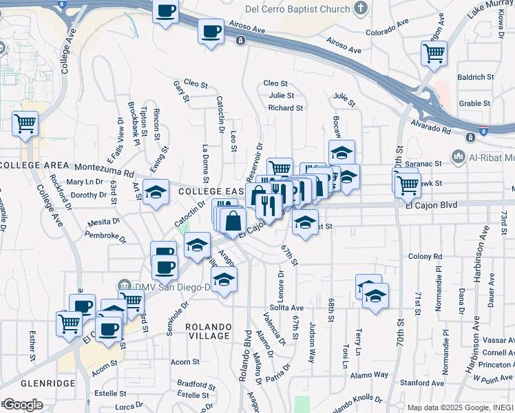 map of restaurants, bars, coffee shops, grocery stores, and more near 6663 Montezuma Road in San Diego