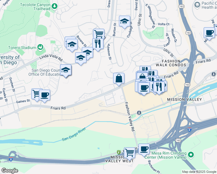 map of restaurants, bars, coffee shops, grocery stores, and more near 6780 Friars Road in San Diego