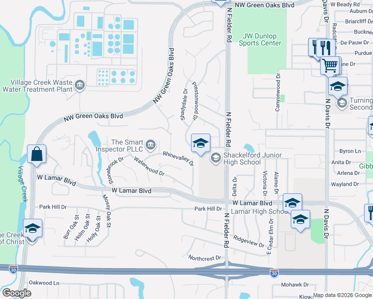 map of restaurants, bars, coffee shops, grocery stores, and more near 2102 Prestonwood Drive in Arlington