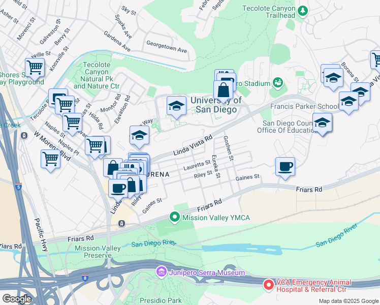 map of restaurants, bars, coffee shops, grocery stores, and more near 5674 Mildred Street in San Diego