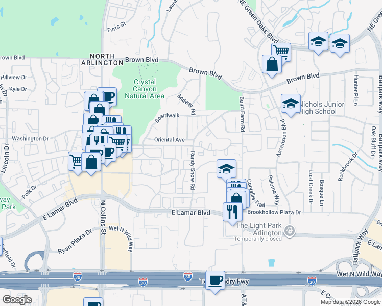 map of restaurants, bars, coffee shops, grocery stores, and more near 1534 Stoneleigh Court in Arlington