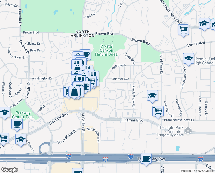 map of restaurants, bars, coffee shops, grocery stores, and more near 1200 Riverchase Lane in Arlington