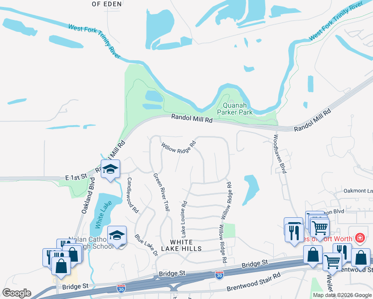 map of restaurants, bars, coffee shops, grocery stores, and more near 201 Willow Ridge Road in Fort Worth