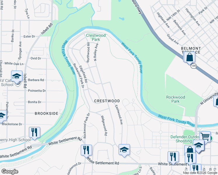 map of restaurants, bars, coffee shops, grocery stores, and more near 635 Eastwood Avenue in Fort Worth
