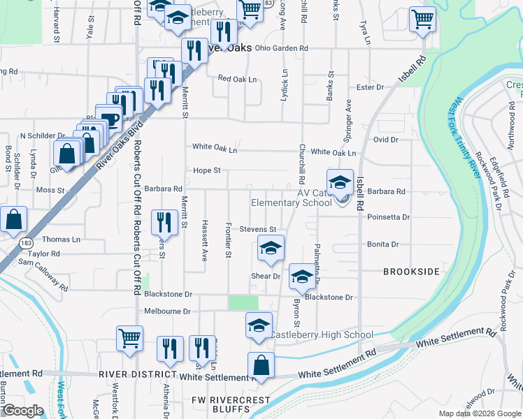 map of restaurants, bars, coffee shops, grocery stores, and more near 615 Harrisdale Avenue in River Oaks