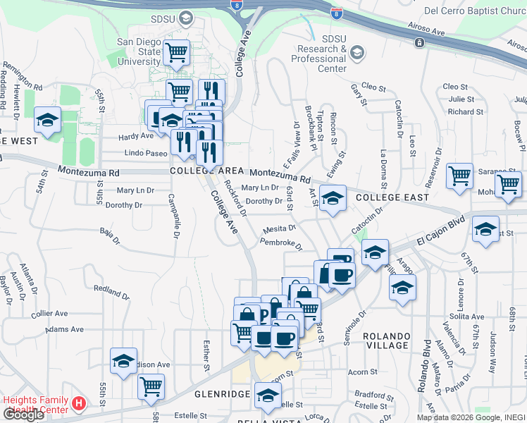 map of restaurants, bars, coffee shops, grocery stores, and more near 6205 Dorothy Drive in San Diego