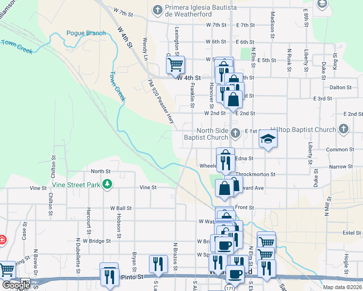 map of restaurants, bars, coffee shops, grocery stores, and more near 312 West Weatherford Street in Weatherford