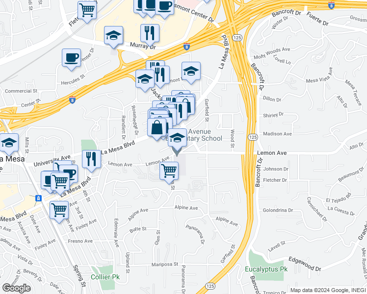 map of restaurants, bars, coffee shops, grocery stores, and more near 8838 Madison Avenue in La Mesa