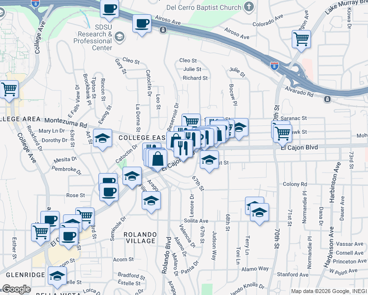 map of restaurants, bars, coffee shops, grocery stores, and more near 6663 Montezuma Road in San Diego