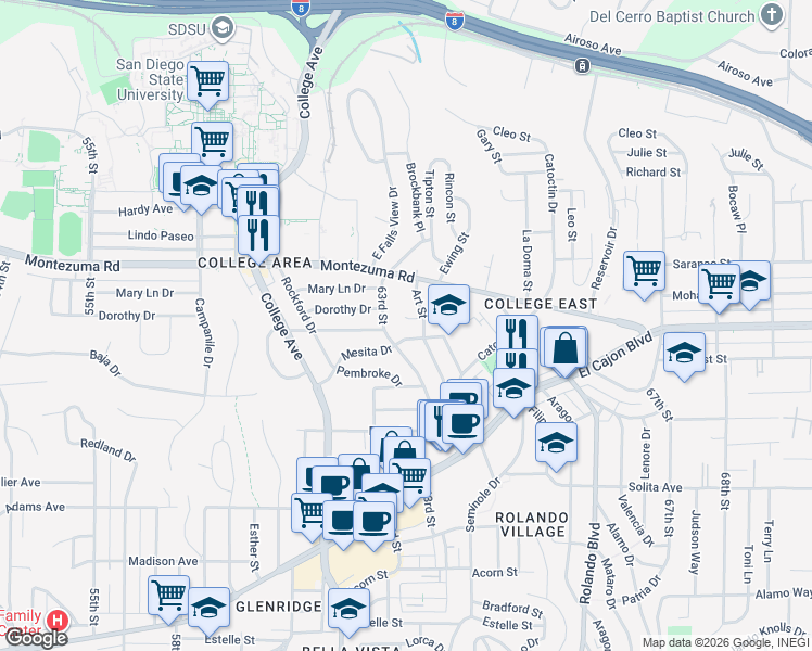 map of restaurants, bars, coffee shops, grocery stores, and more near 5011 63rd Street in San Diego