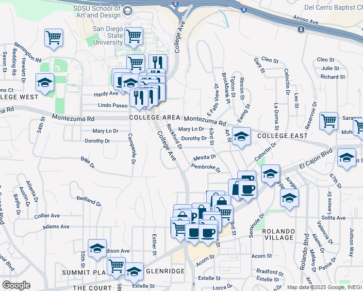 map of restaurants, bars, coffee shops, grocery stores, and more near 6105 Dorothy Drive in San Diego