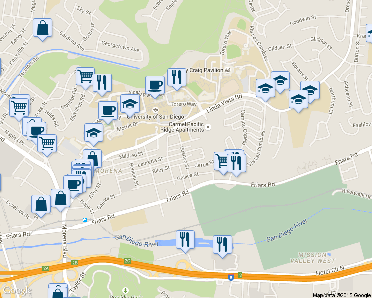 map of restaurants, bars, coffee shops, grocery stores, and more near 1273 Goshen Street in San Diego