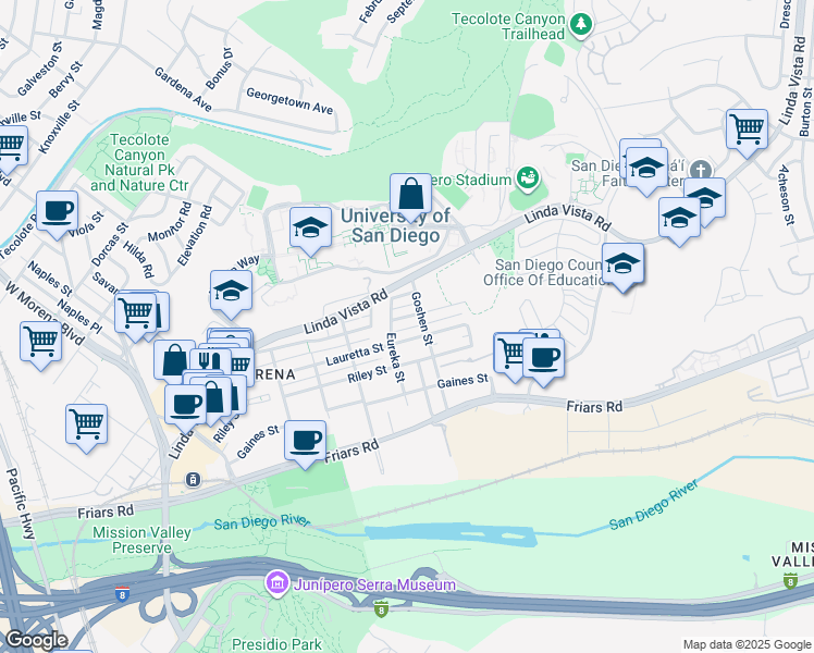 map of restaurants, bars, coffee shops, grocery stores, and more near 5800 Mildred Street in San Diego