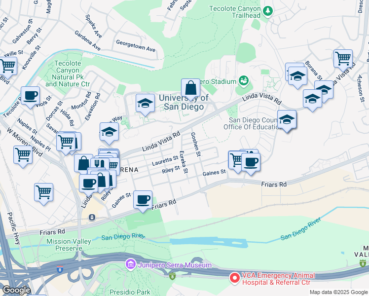 map of restaurants, bars, coffee shops, grocery stores, and more near 5800 Mildred Street in San Diego