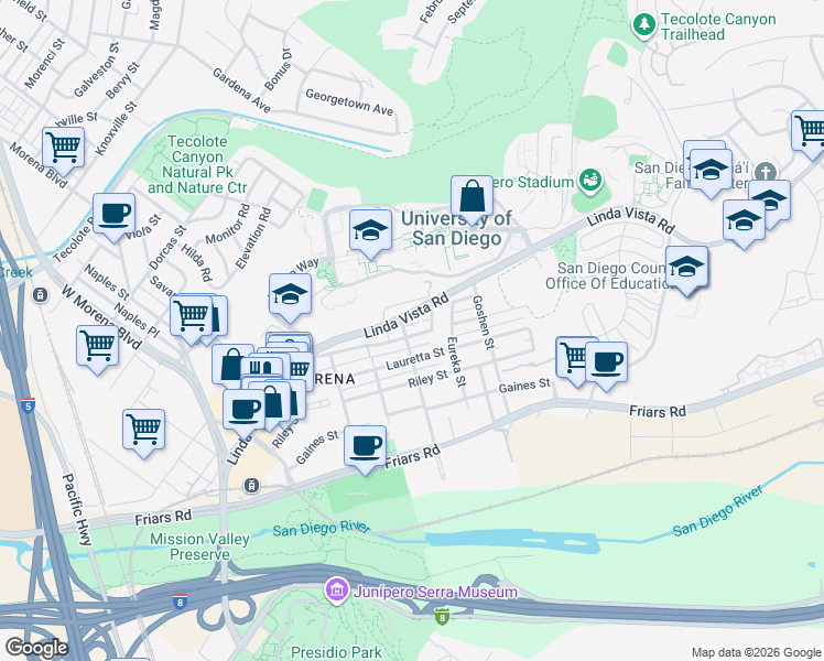 map of restaurants, bars, coffee shops, grocery stores, and more near 5725 Linda Vista Road in San Diego