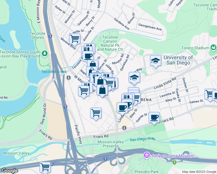 map of restaurants, bars, coffee shops, grocery stores, and more near 1103 Morena Boulevard in San Diego