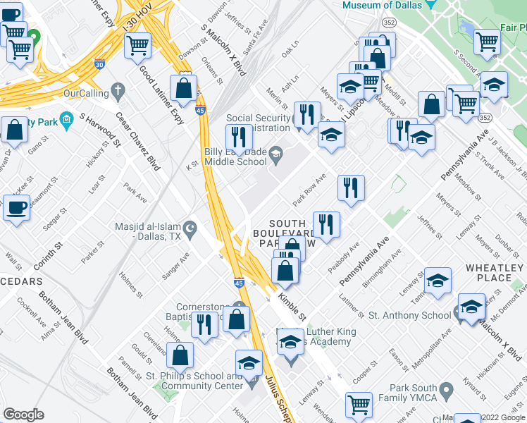 map of restaurants, bars, coffee shops, grocery stores, and more near 2522 Al Lipscomb Way in Dallas