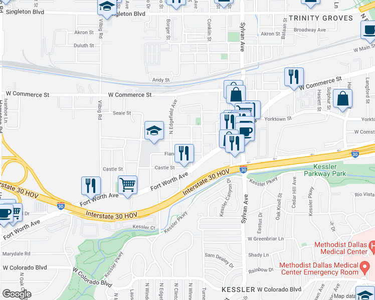 map of restaurants, bars, coffee shops, grocery stores, and more near 1814 North Winnetka Avenue in Dallas