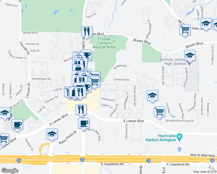map of restaurants, bars, coffee shops, grocery stores, and more near 1200 Riverchase Lane in Arlington