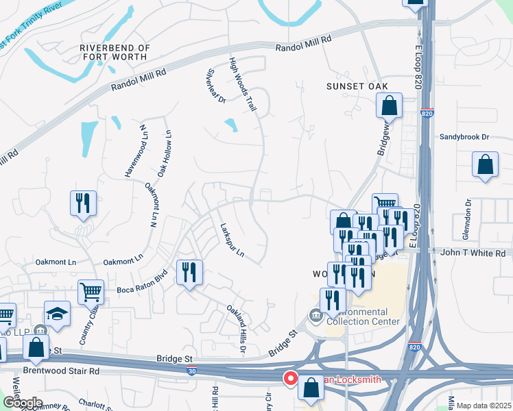 map of restaurants, bars, coffee shops, grocery stores, and more near 800 High Woods Trail in Fort Worth