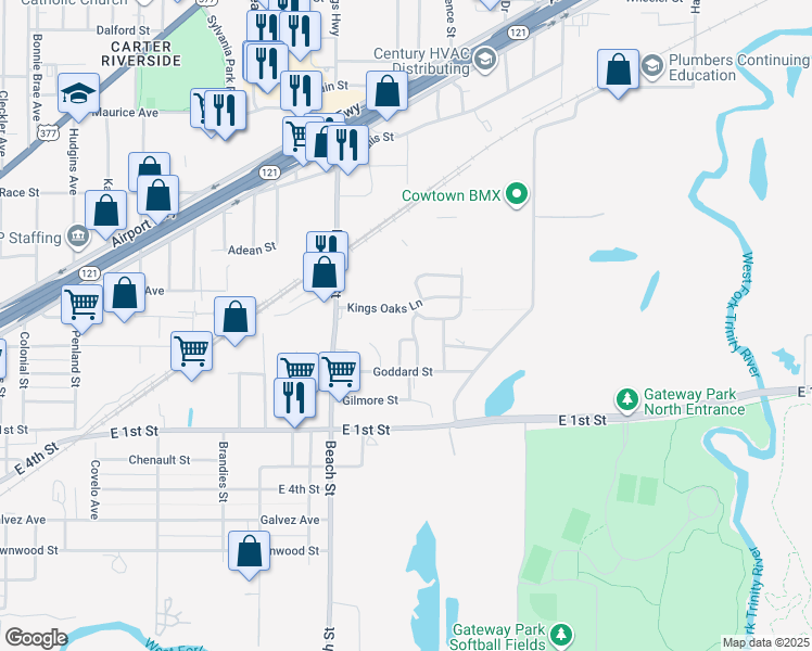 map of restaurants, bars, coffee shops, grocery stores, and more near 4305 Kings Circle South in Fort Worth