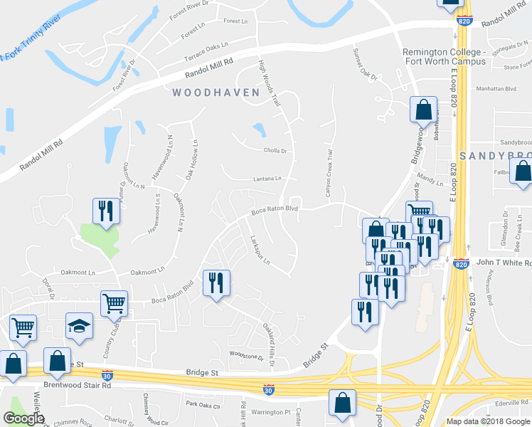 map of restaurants, bars, coffee shops, grocery stores, and more near 801 Firewheel Trail in Fort Worth