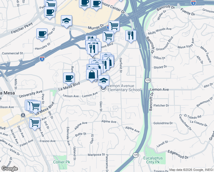 map of restaurants, bars, coffee shops, grocery stores, and more near 8838 Madison Avenue in La Mesa