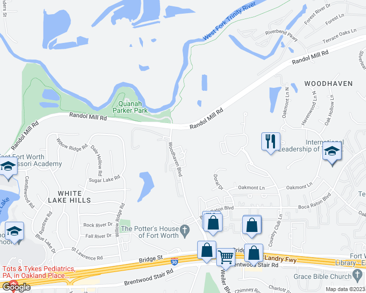 map of restaurants, bars, coffee shops, grocery stores, and more near 190 Shady Lane Drive in Fort Worth