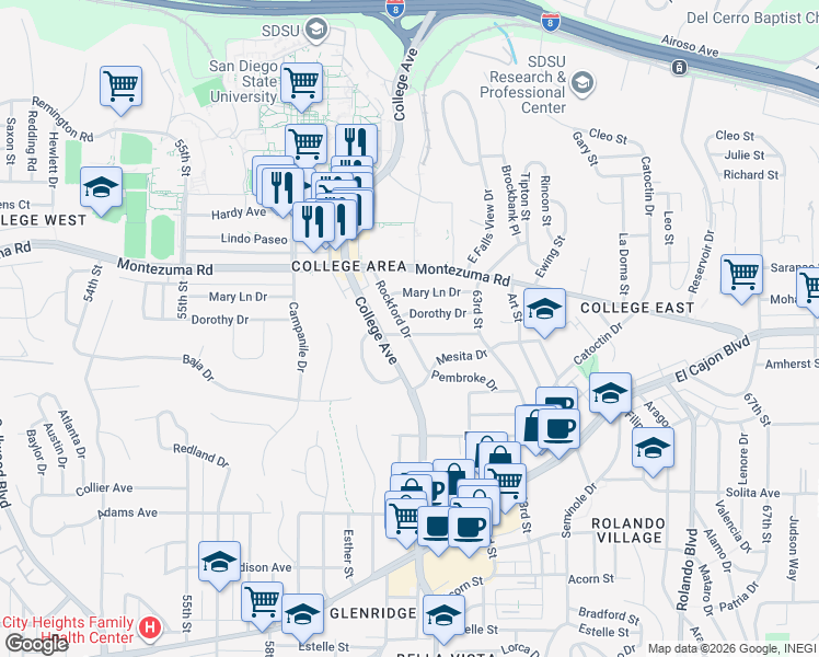 map of restaurants, bars, coffee shops, grocery stores, and more near 6105 Dorothy Drive in San Diego